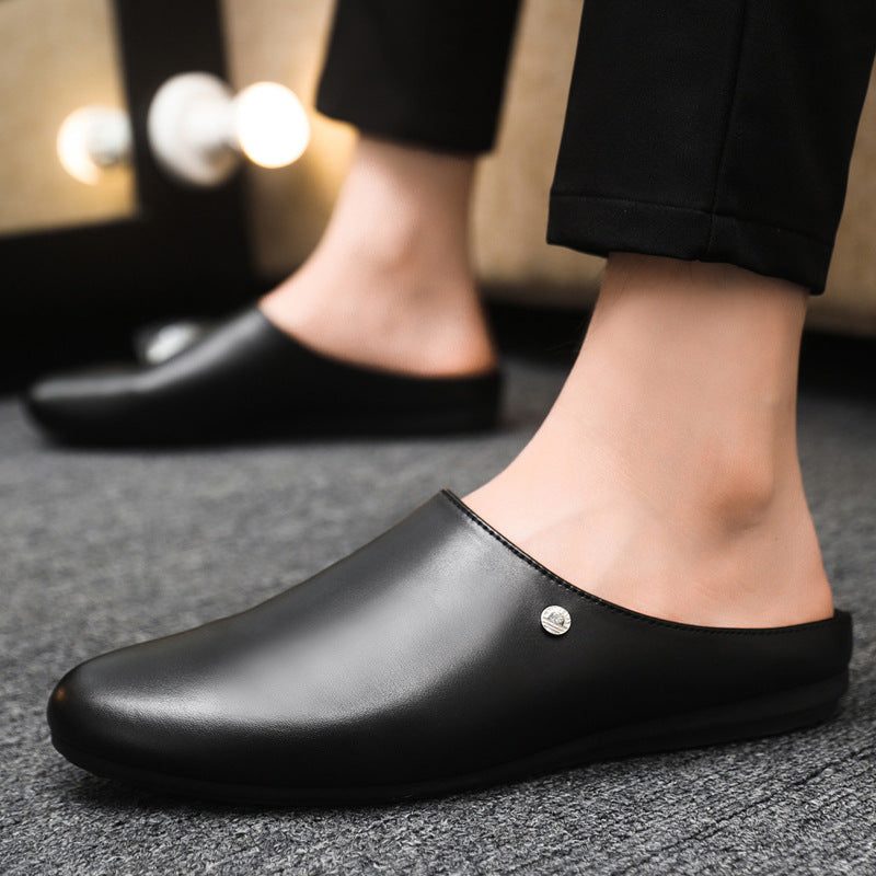 Men’s smooth leather-look mules — round toe, hands-free slip-on