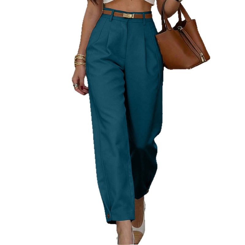 Bundfaltenhose mit hoher Taille — weites Bein, Saum mit Knopf