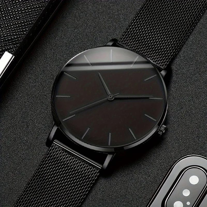 Schwarze ultraflache Herrenuhr mit Milanaise-Armband