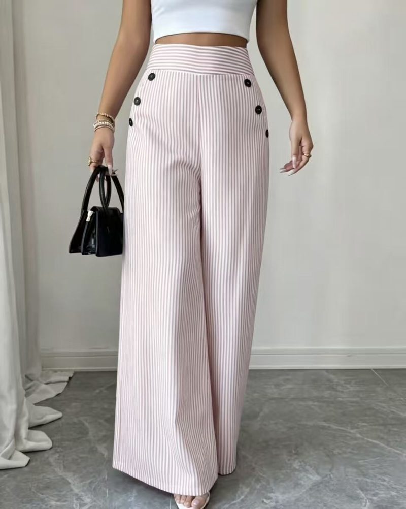 Wijde gestreepte broek met hoge taille en goudkleurige knopen