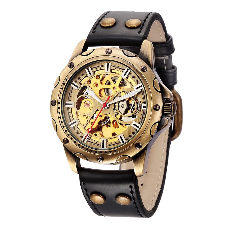 Reloj automático steampunk de hombre, caja de bronce con tornillos a la vista