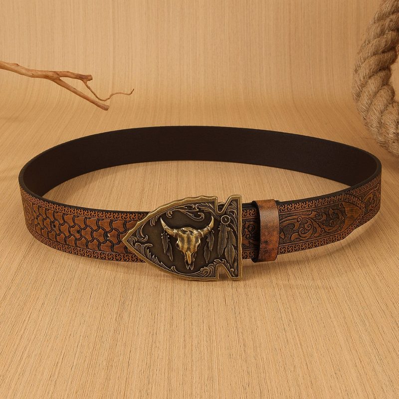 Ceinture western homme en simili cuir repoussé, boucle tête de taureau