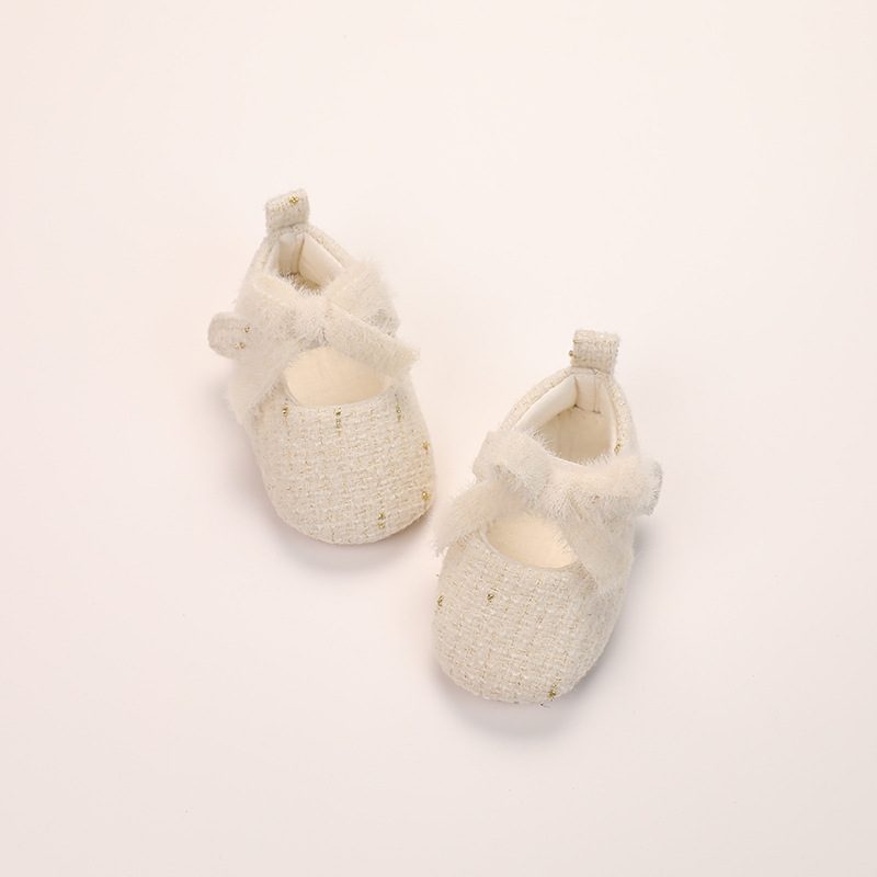 Ballerines bébé fille en tweed crème — nœud duveteux