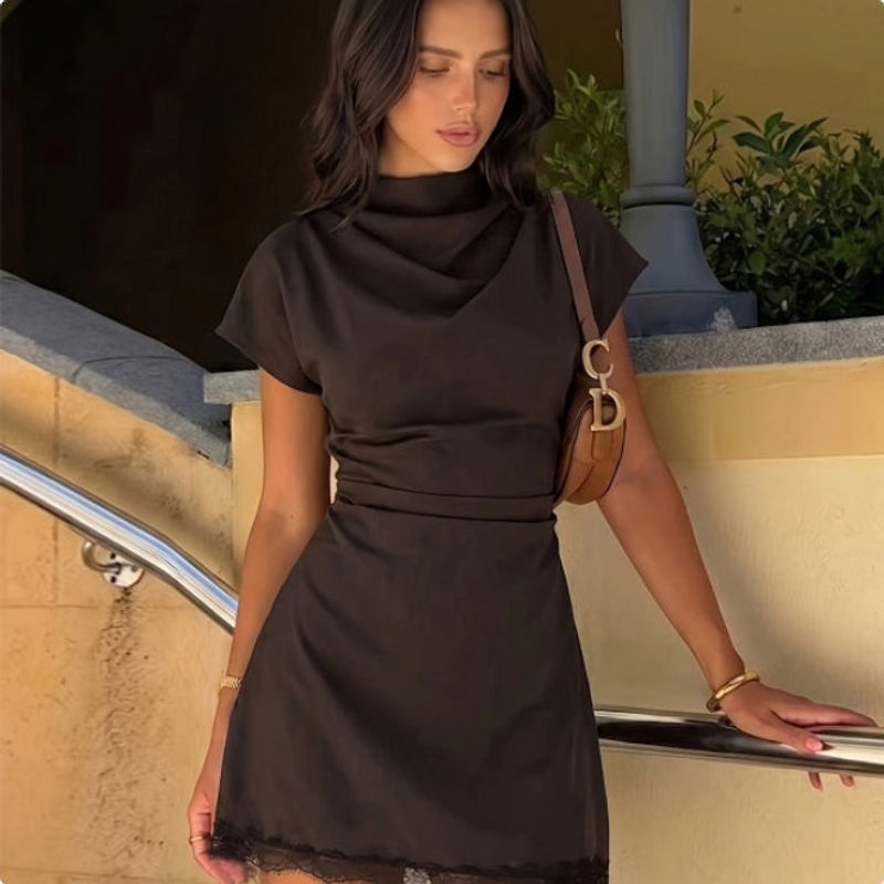 High-Neck Mini Dress with Lace Hem