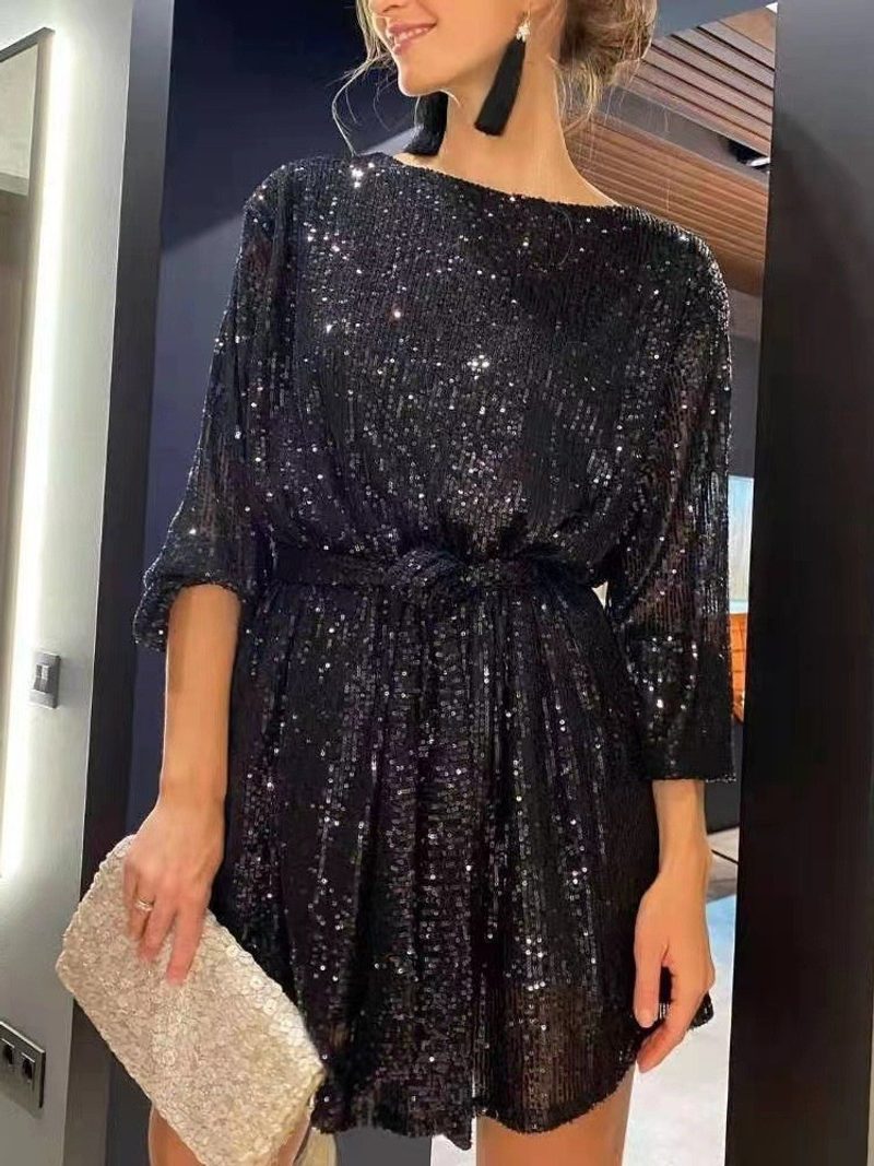 Robe courte à sequins, manches bouffantes et ceinture à nouer