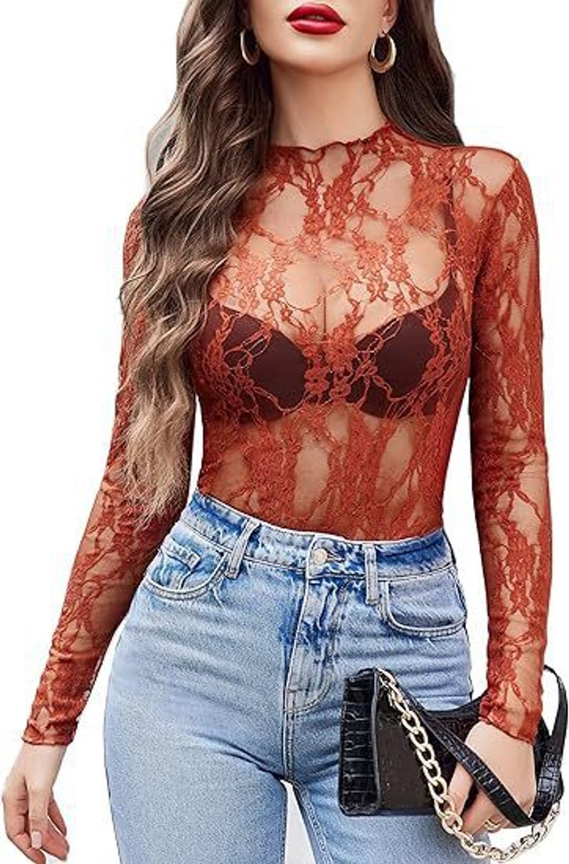 Spitzentop mit Blumenmuster und Stehkragen, komplett transparent — Farben
