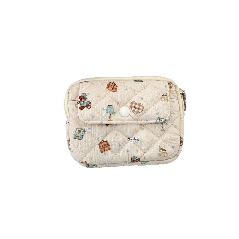 Quilted coin purse with flap — printed patterns, ring
