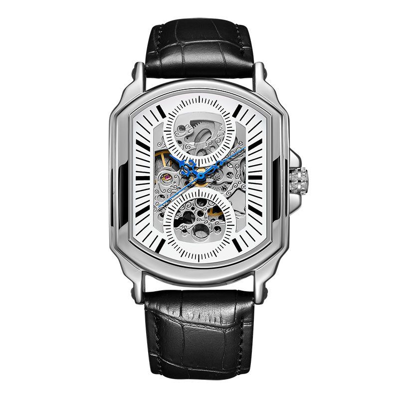 Reloj mecánico rectangular con esfera abierta y correa de piel