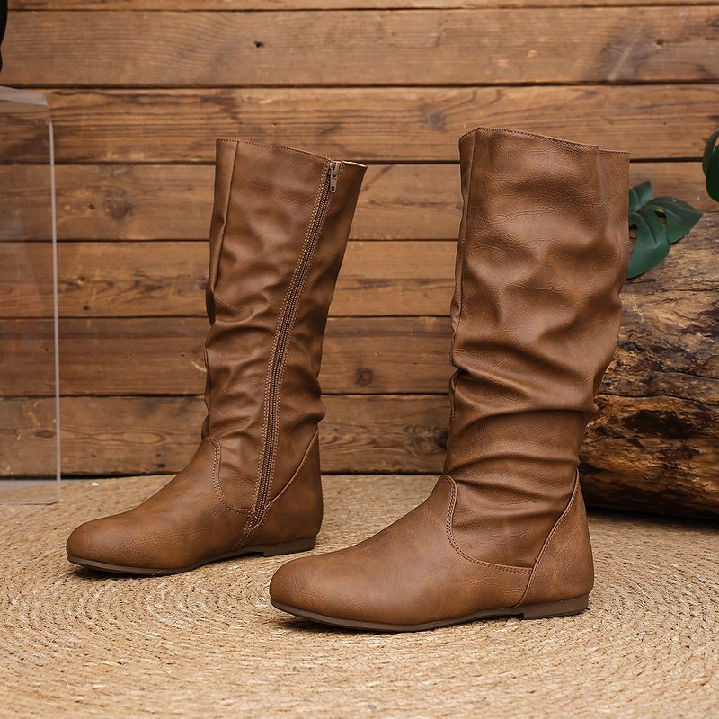 Bottes plates souples à tige froncée — mi-mollet, zip latéral