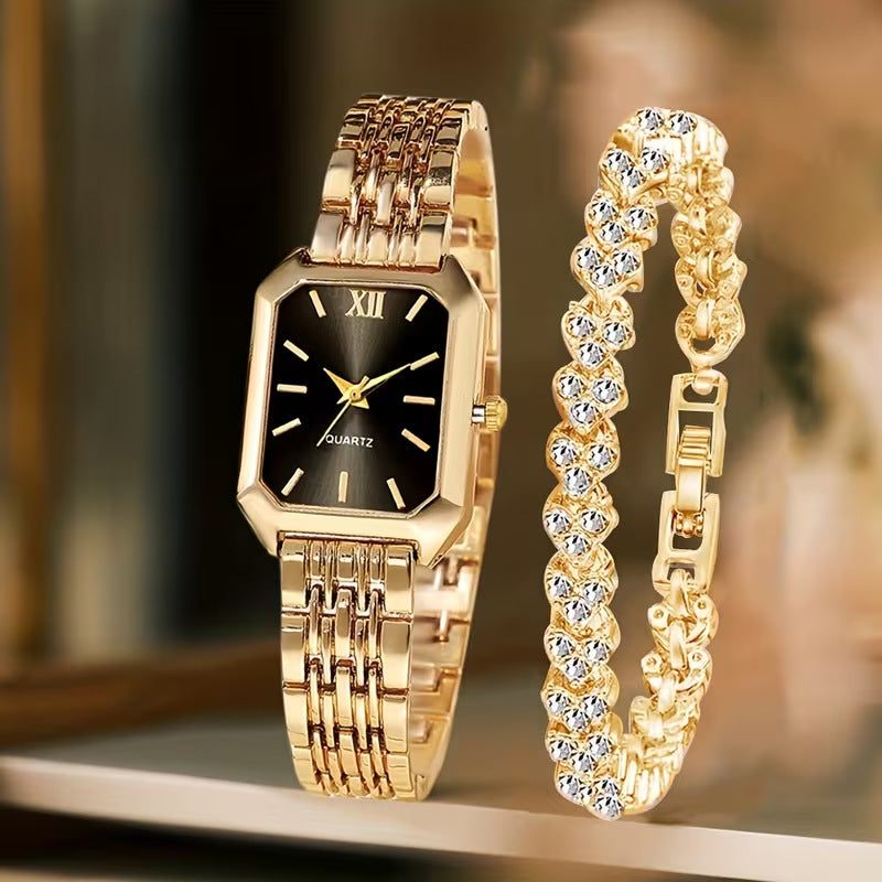Square watch and rhinestone bracelet set — colour