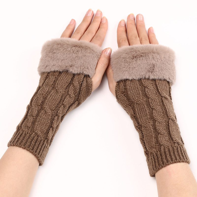 Cable knit fingerless gloves with faux fur cuff — women's, free fingers