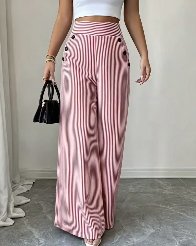 Wijde gestreepte broek met hoge taille en goudkleurige knopen — kleur