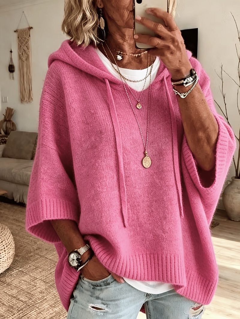Maglione con cappuccio in maglia, taglio ampio — coulisse — colore