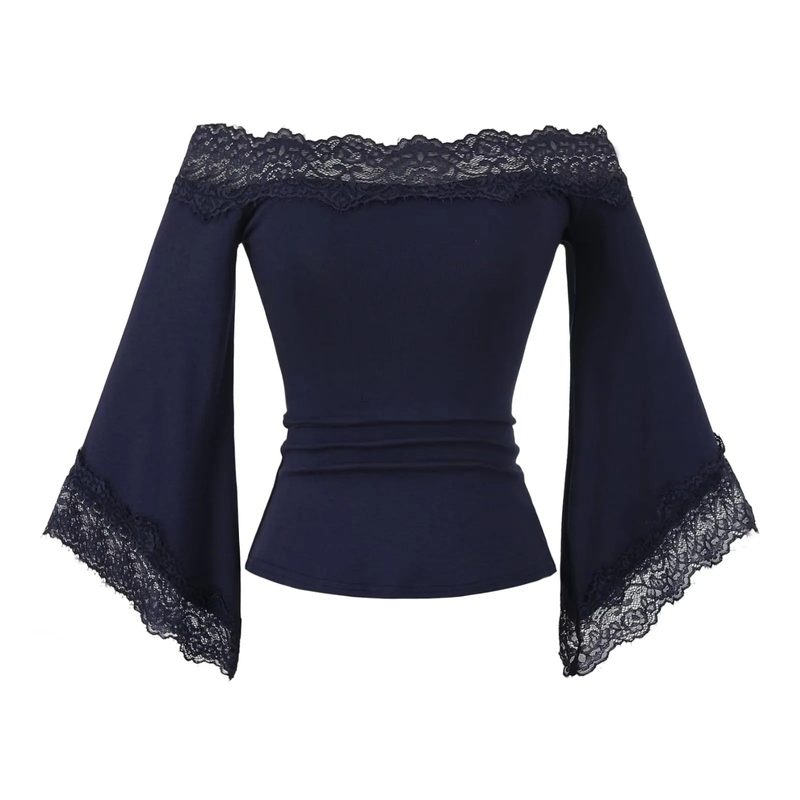 Top com decote Bardot e mangas evasê orladas de renda