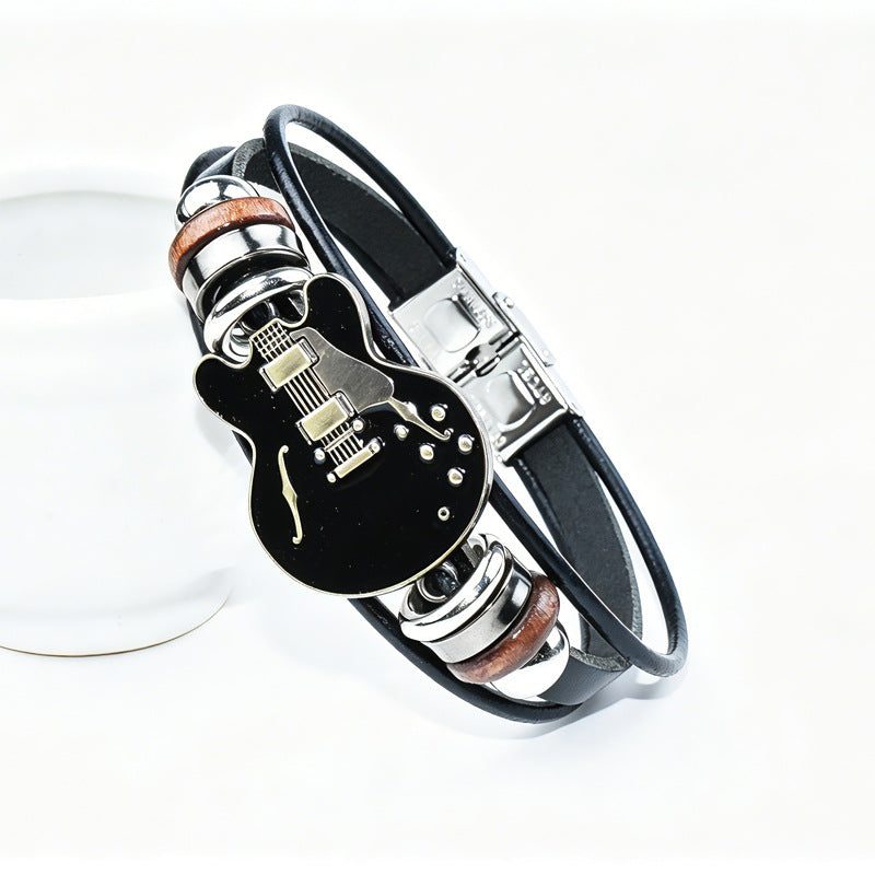 Herrenarmband aus Echtleder mit Gitarrenmotiv — Schnalle aus Titanstahl