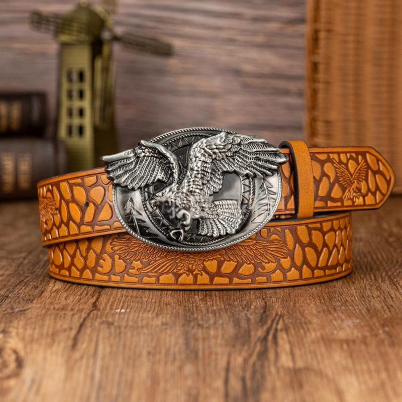 Ceinture western homme à boucle ovale aigle, bande pavée en relief