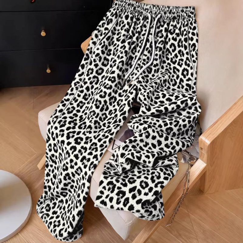 Pantalon large à imprimé léopard — taille élastique à cordon