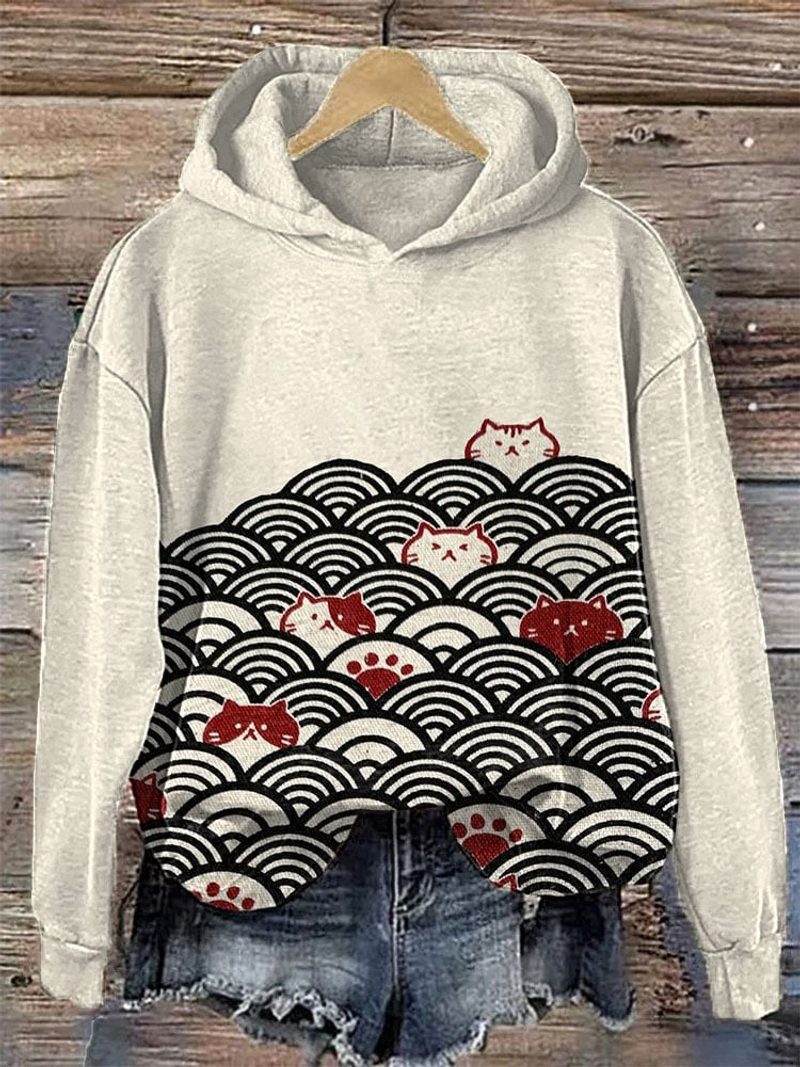 Felpa con cappuccio leggera con stampa giapponese — balena, gatti, onde — colore