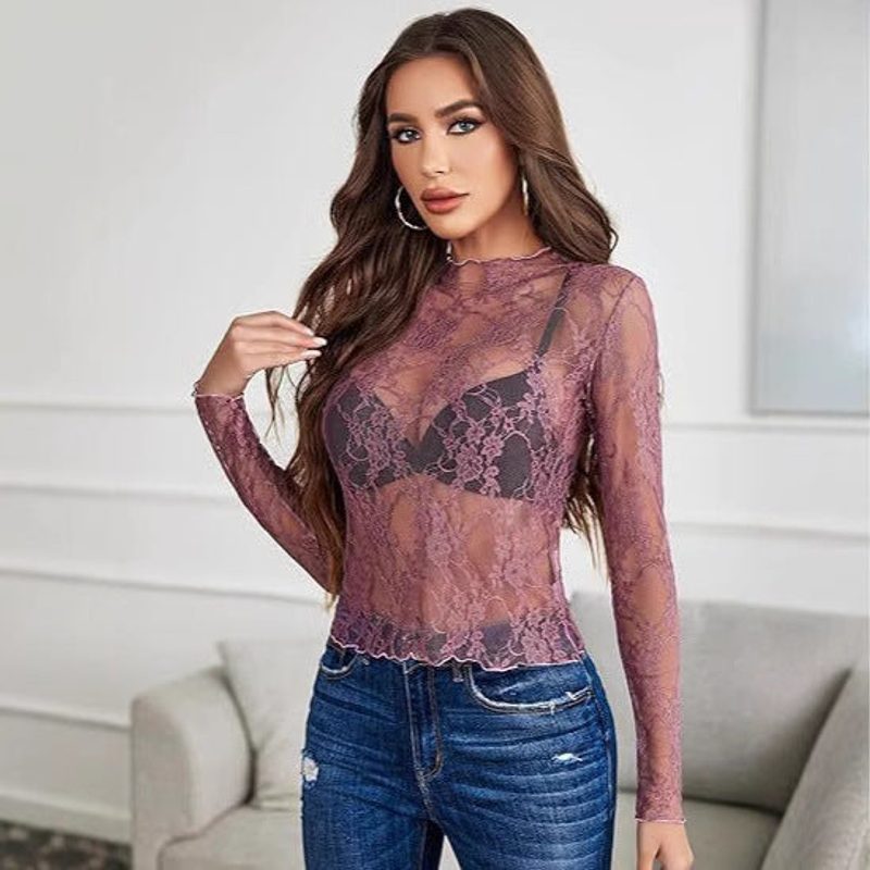 Spitzentop mit Blumenmuster und Stehkragen, komplett transparent