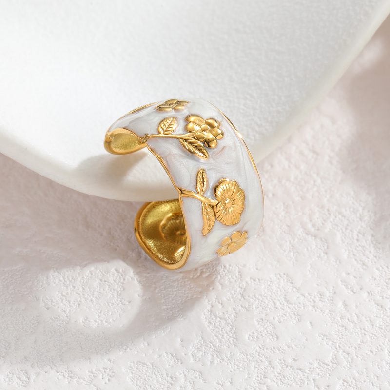 Bague jonc émaillée à roses dorées — acier inoxydable, anneau ouvert