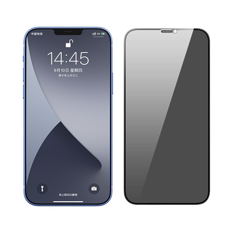 Verre trempé iPhone avec grille anti-poussière sur l’écouteur — transparent ou anti-espion