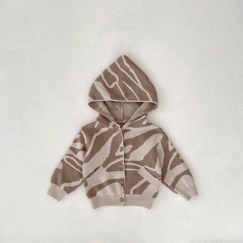 Casaco de malha com capuz para bebé em jacquard — padrão zebra taupe e cru