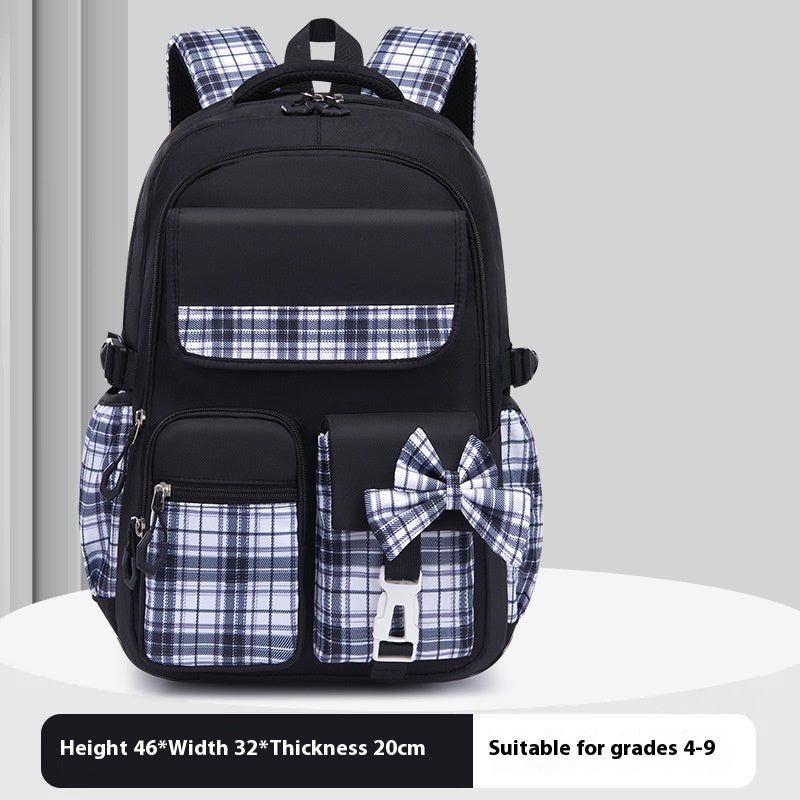 Checked school bag with bow — small or large size
