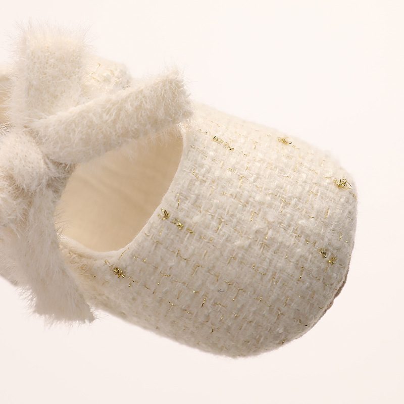Ballerines bébé fille en tweed crème — nœud duveteux