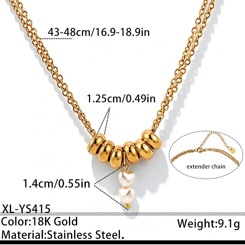 Collier doré à anneaux bombés et perles — double chaîne, acier inoxydable