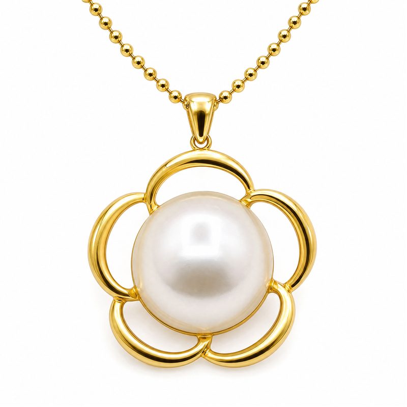 Collier fleur ajourée et grosse perle — chaîne billes, acier inoxydable doré