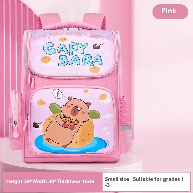 Mochila escolar de primaria con motivo de capibara — formato pequeño o grande — color