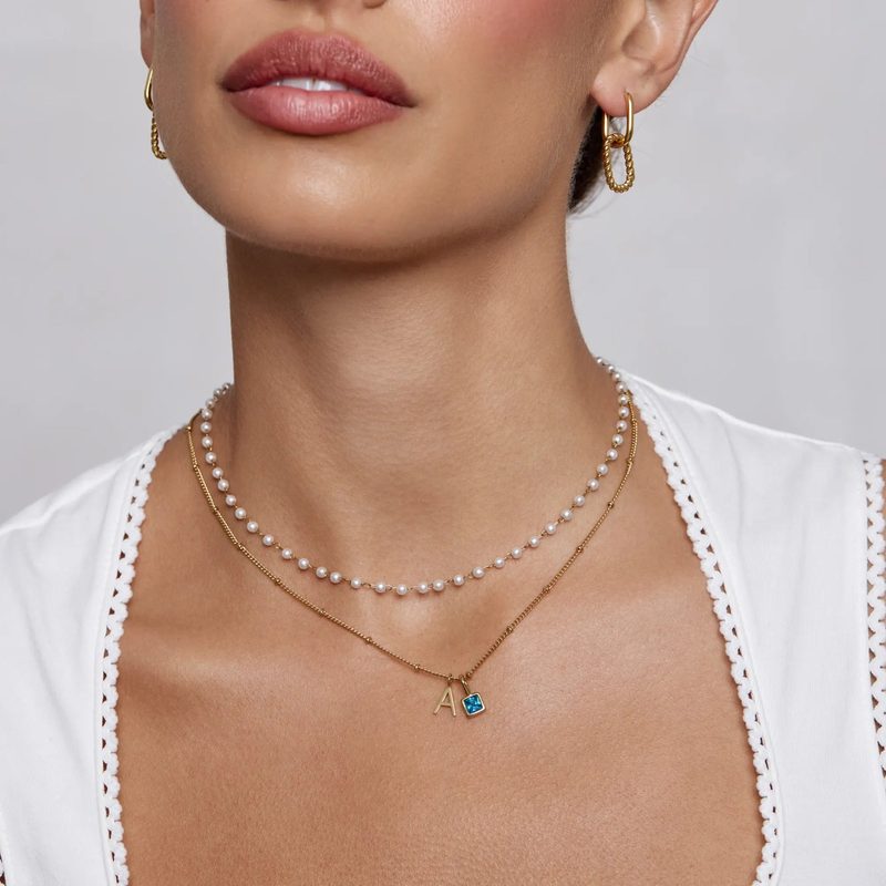 Collar de cadena de bolitas con piedra natal — 12 meses, dorado o plateado