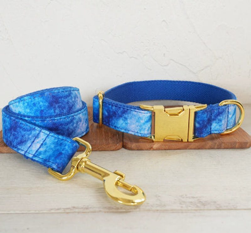 Halsband- und Leinen-Set mit goldener Schnalle, Marmormuster