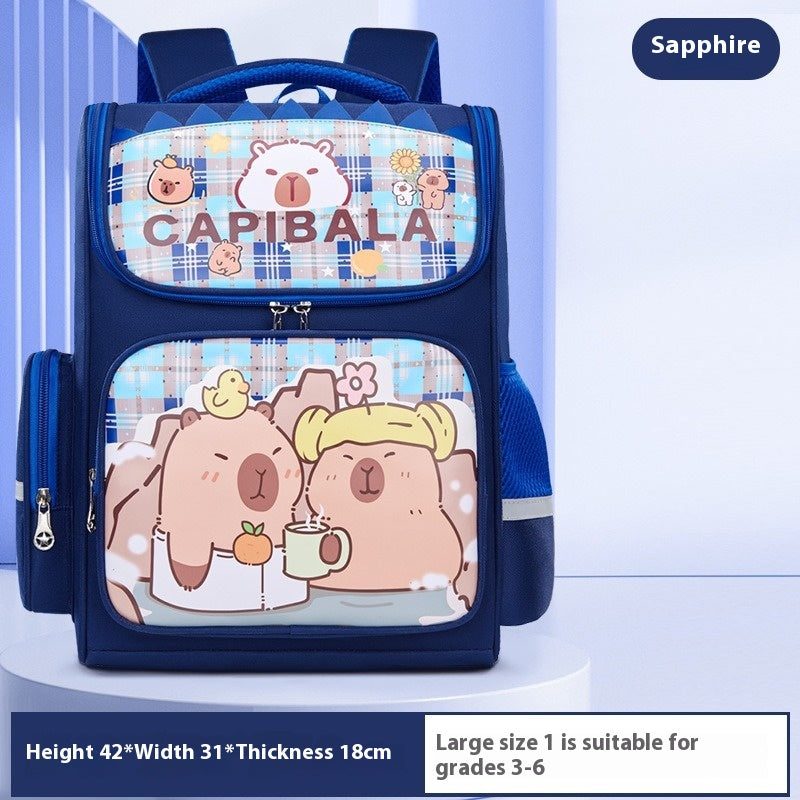 Mochila escolar de primaria con motivo de capibara — formato pequeño o grande — color