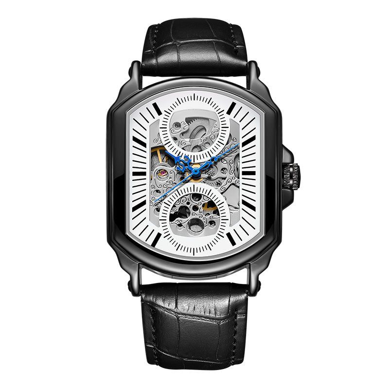 Reloj mecánico rectangular con esfera abierta y correa de piel — color