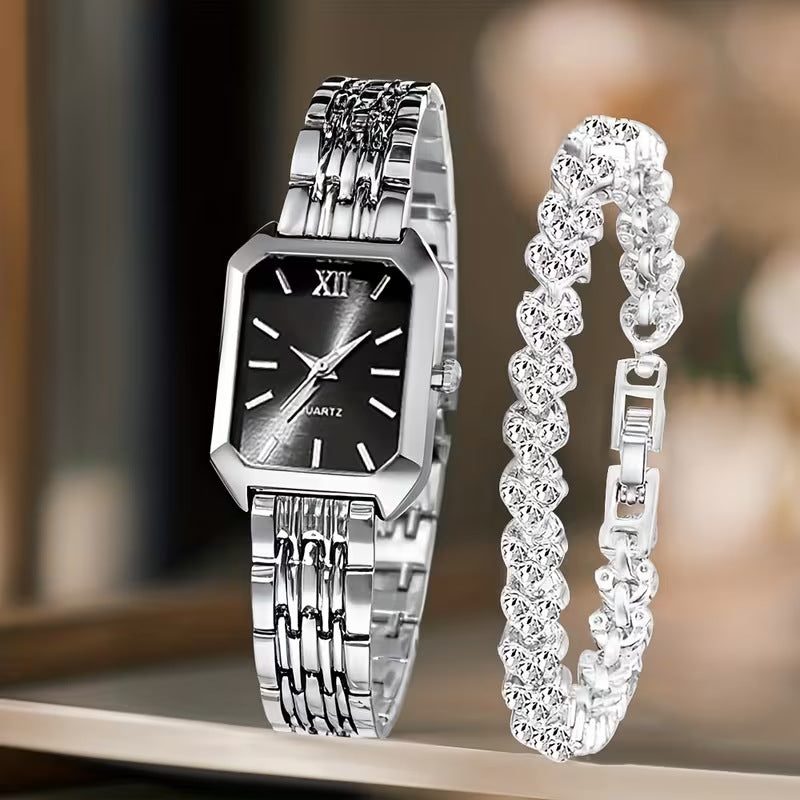 Square watch and rhinestone bracelet set