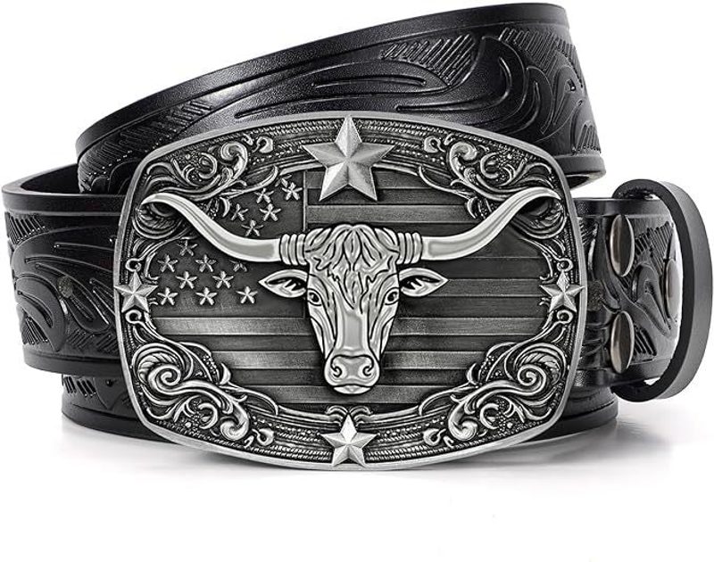Men's engraved leather belt — western pattern, for jeans — colour option