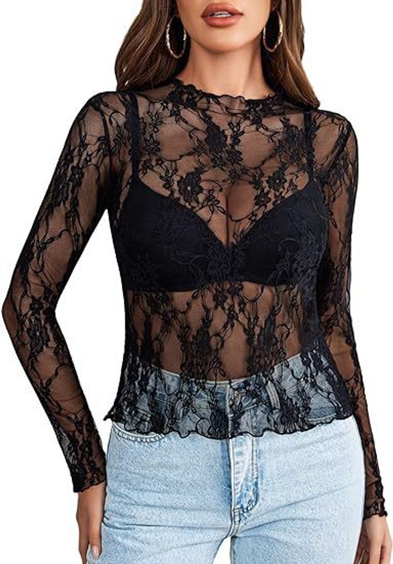Spitzentop mit Blumenmuster und Stehkragen, komplett transparent — Farben