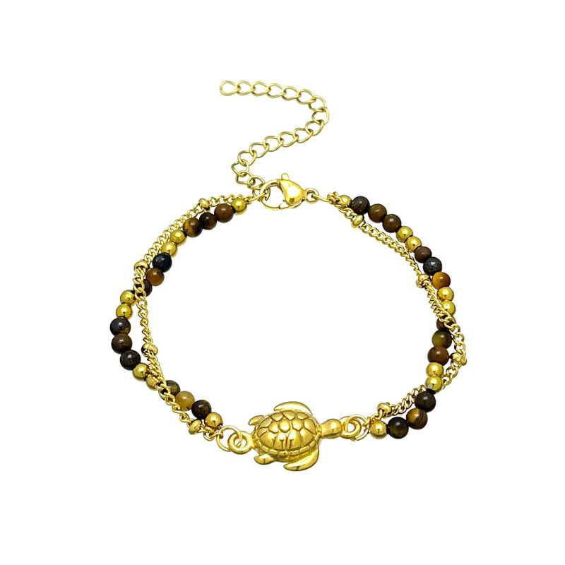 Bracelet femme double rang — coquillage et œil de tigre sur acier