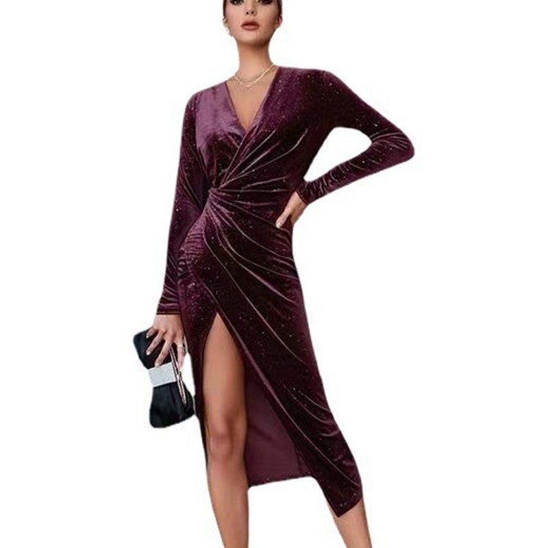 Robe midi en velours portefeuille, manches longues et fente