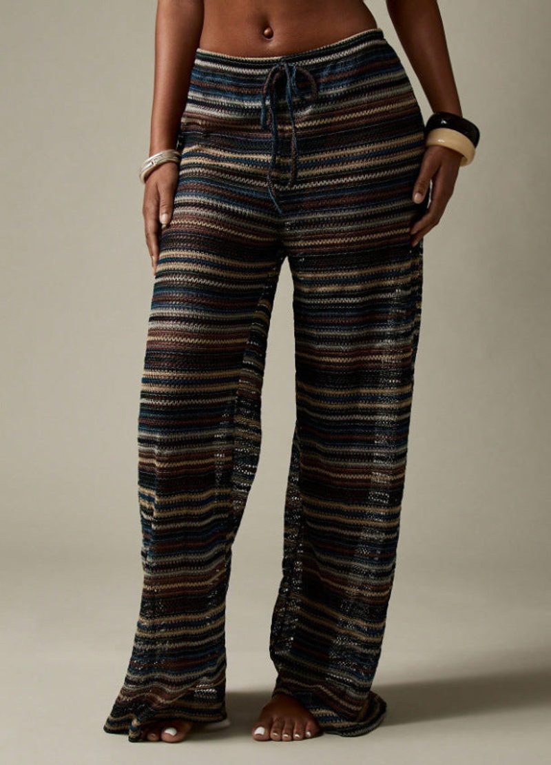 Openwork crochet-knit beach trousers — wave pattern — colour
