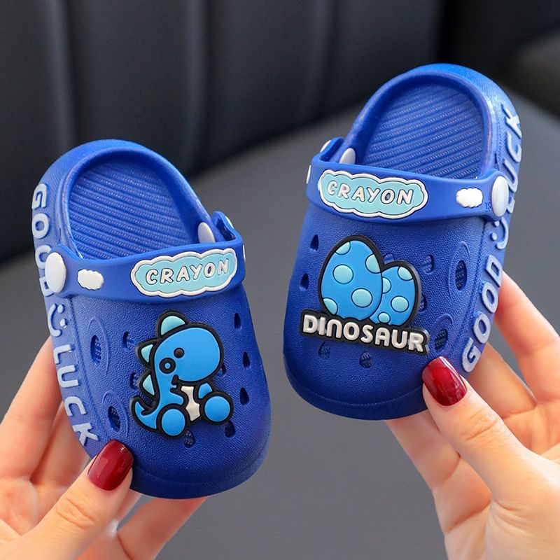 Kids’ dinosaur slippers — soft sole — colour