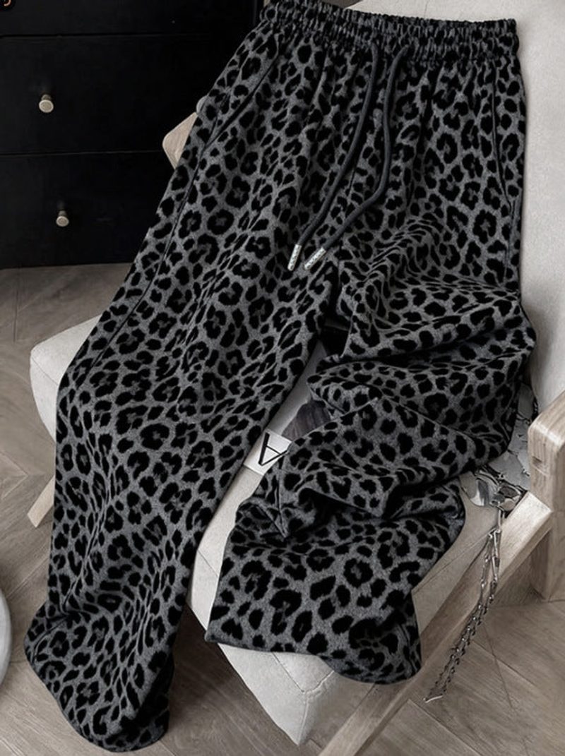 Pantalon large à imprimé léopard — taille élastique à cordon