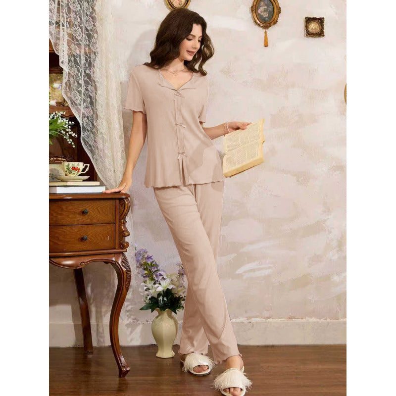 Long V-neck pyjamas with knot buttons, short sleeves