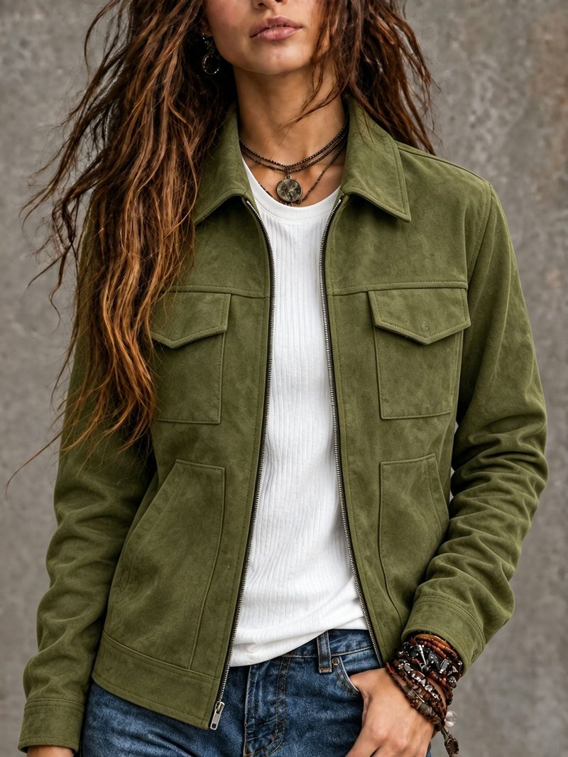 Veste zippée effet daim à poches poitrine — coupe droite — coloris