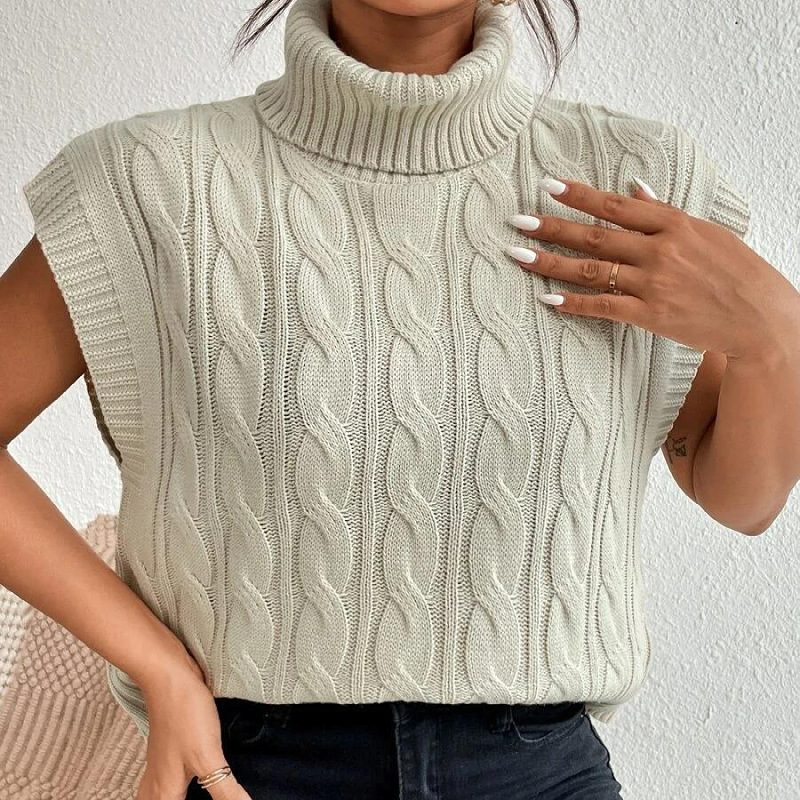 Pull sans manches à col roulé en maille torsadée