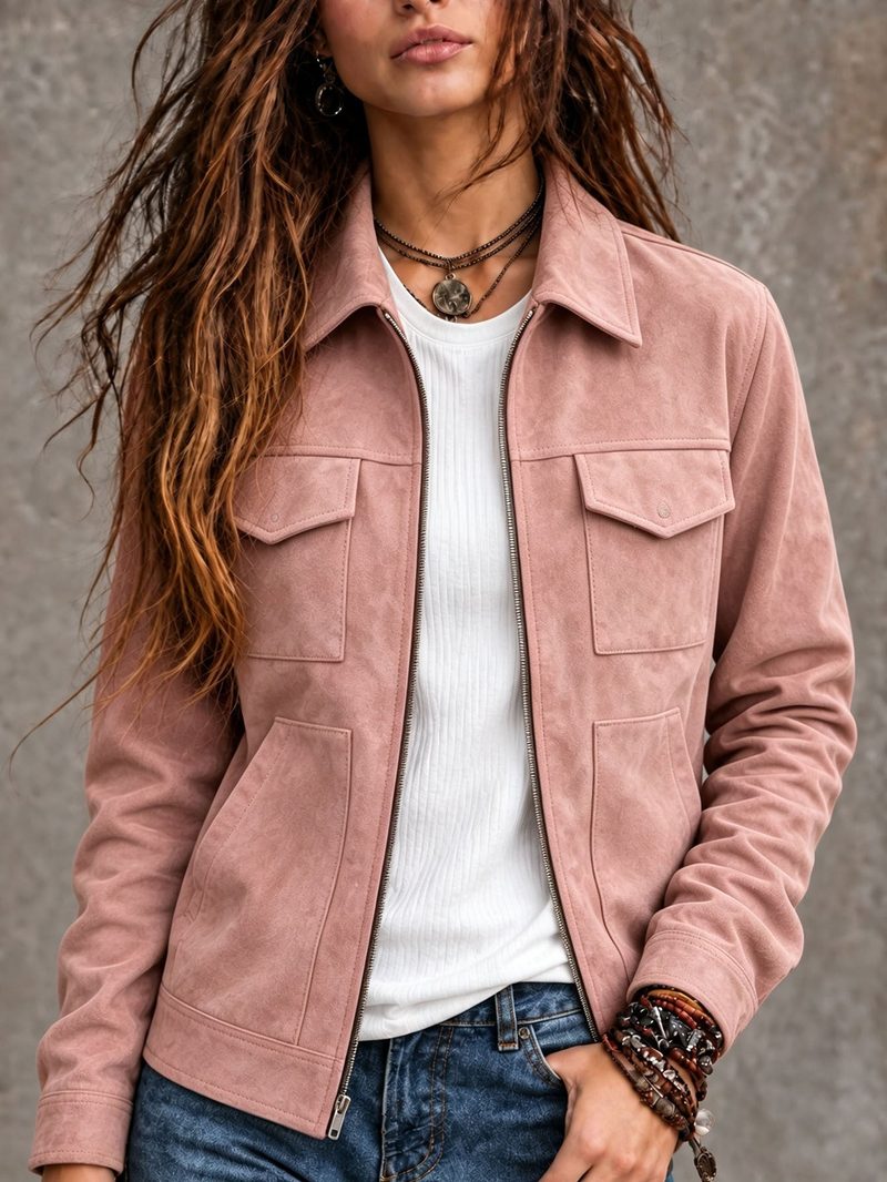 Veste zippée effet daim à poches poitrine — coupe droite