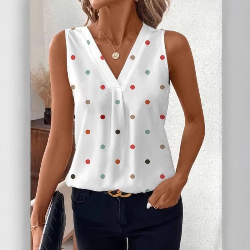 Flowy V-neck vest top with multicoloured polka dots — white