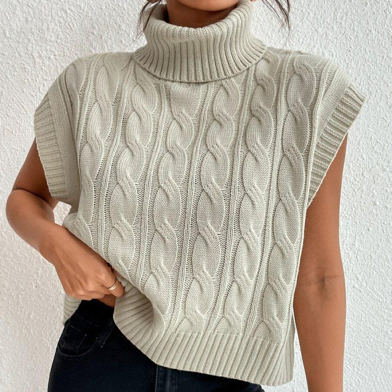 Pull sans manches à col roulé en maille torsadée