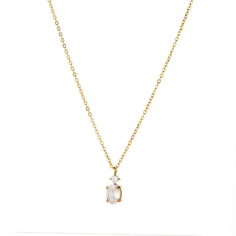 Goudkleurige ketting met ovale zirkonia-hanger — fijne ketting van roestvrij staal